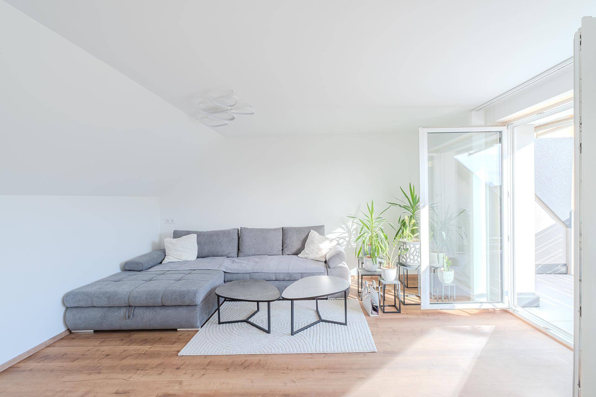 Lichtdurchflutetes Wohnzimmer mit gemütlichem Sofa, Pflanzen und Zugang zu einem Außenbereich.