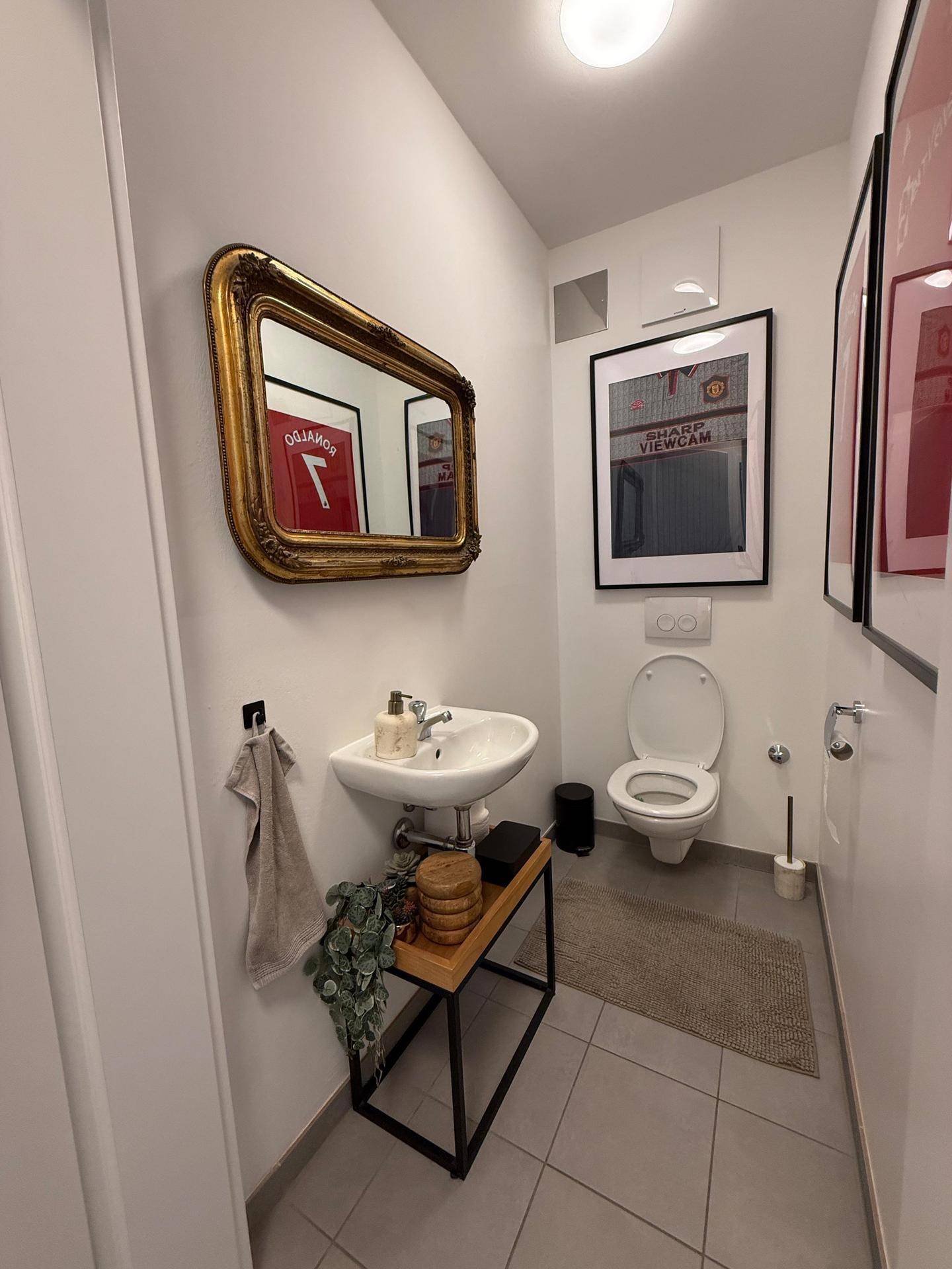 Kleines Gäste-WC mit Waschbecken, Toilette und einem dekorativen goldenen Spiegel.