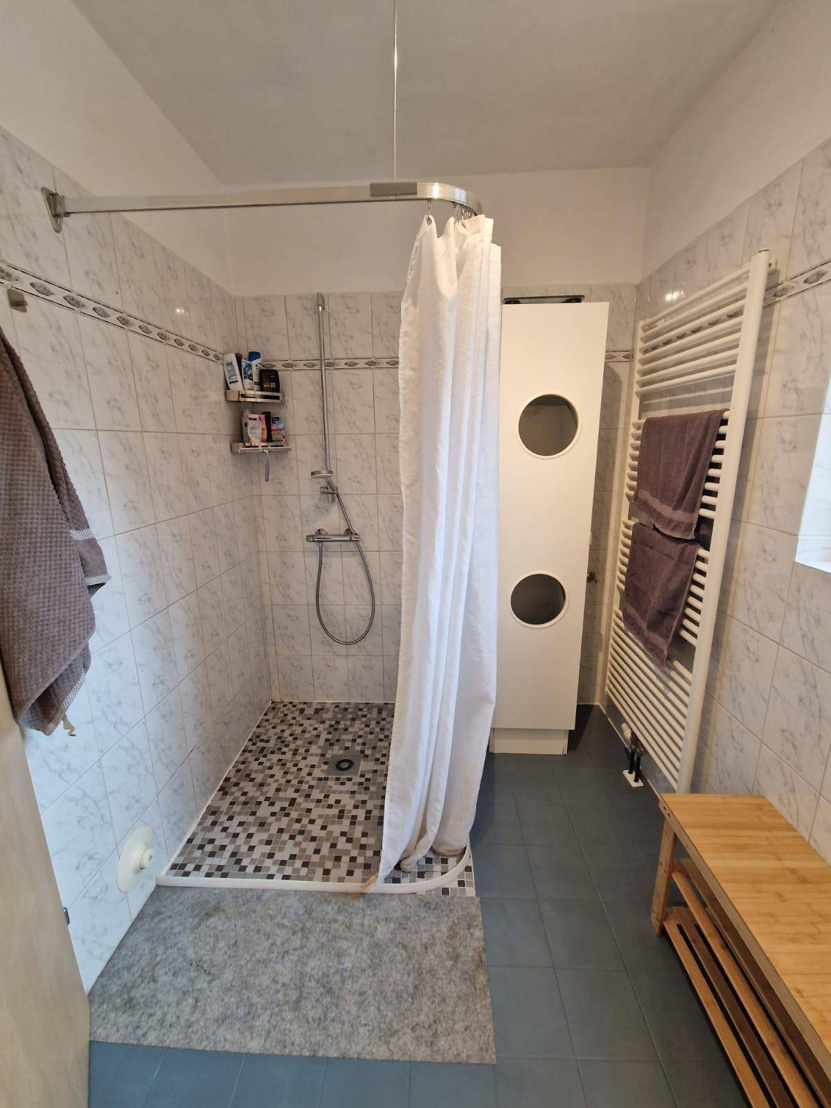 Modernes Badezimmer mit ebenerdiger Dusche, Fliesenboden und beheiztem Handtuchhalter.