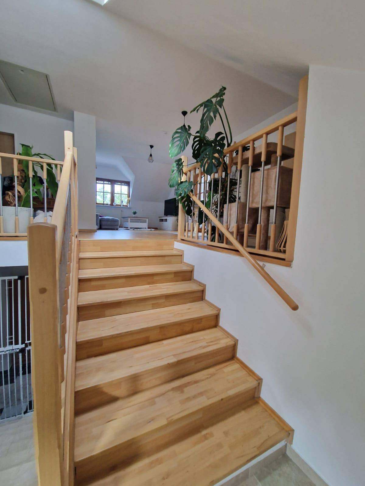 Holztreppe führt zu einem oberen Stockwerk mit Pflanzen und hellem Ambiente.
