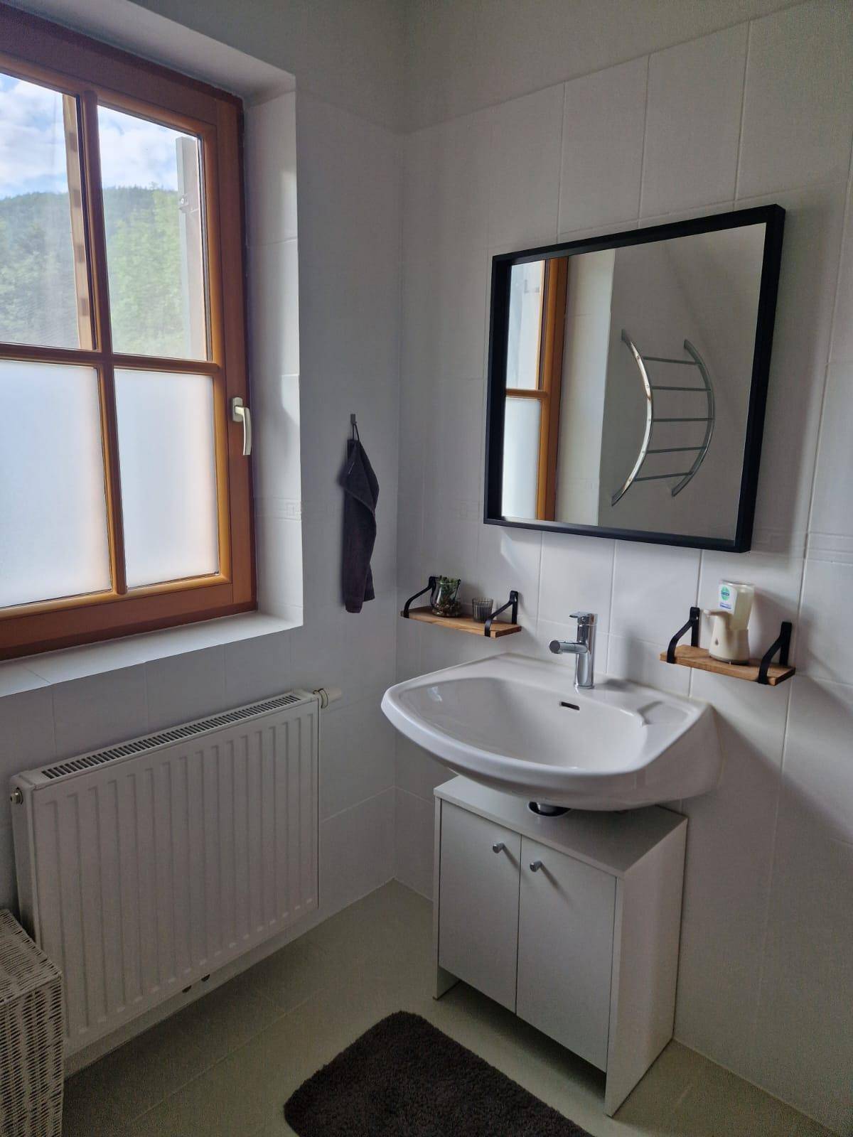 Badezimmer mit Waschbecken, Spiegelschrank und Fenster mit Blick ins Grüne.