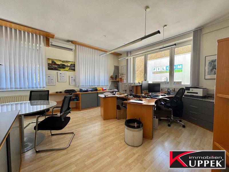 Geräumiges Büro mit mehreren Schreibtischen, großen Fenstern und Jalousien.
