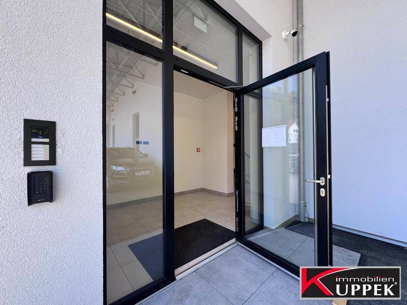 Eingangsbereich des Gebäudes mit Glastür, Gegensprechanlage und Blick in den hellen Flur.