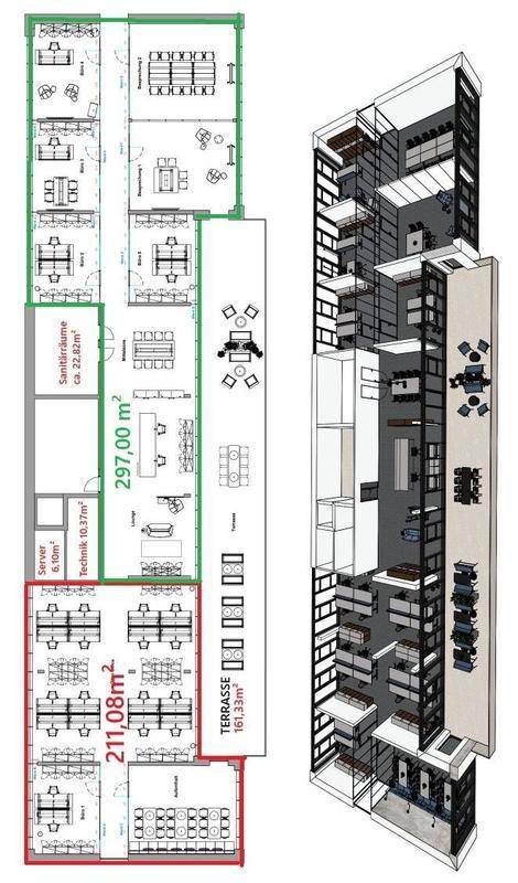 Konzeptioneller Grundriss mit Möblierungsvorschlägen für Büroräume und eine Terrasse.
