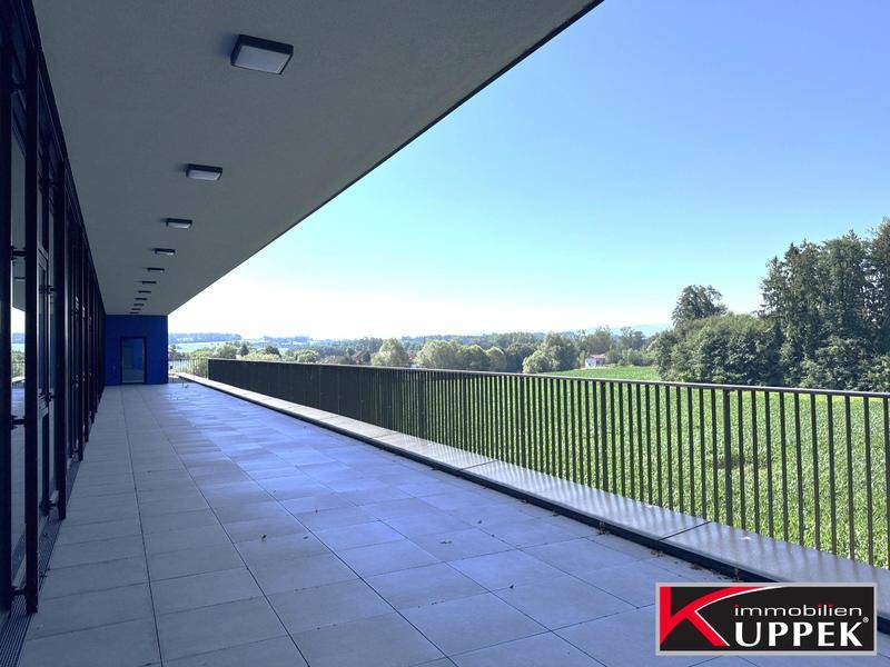 Weitläufige Terrasse mit Fliesenboden und weitem Blick über die grüne Landschaft unter blauem Himmel.