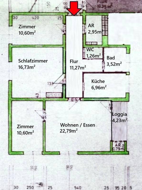 Detaillierter Grundriss einer Wohnung mit Zimmern, Küche, Bad und Loggia.