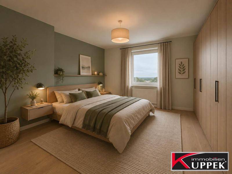 Modernes Schlafzimmer mit großem Bett, Einbauschränken und Fenster, in beruhigenden Farben.