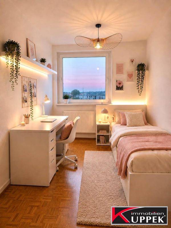Mädchenzimmer mit Einzelbett, Schreibtisch und stimmungsvoller Beleuchtung, liebevoll dekoriert.