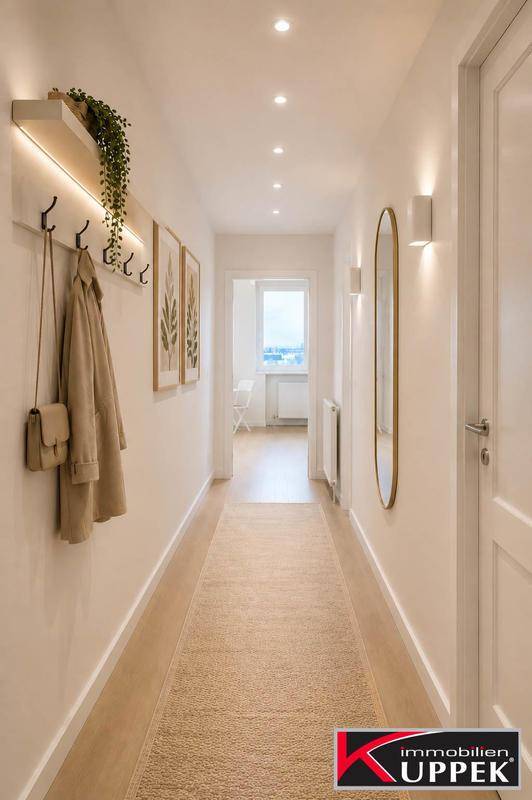 Moderner Flur mit Einbaustrahlern, langem Spiegel und Garderobe, hell und einladend.