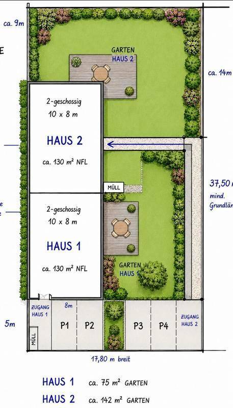 Übersichtsplan des Grundstücks mit zwei geplanten Häusern, Gärten und Parkplätzen.