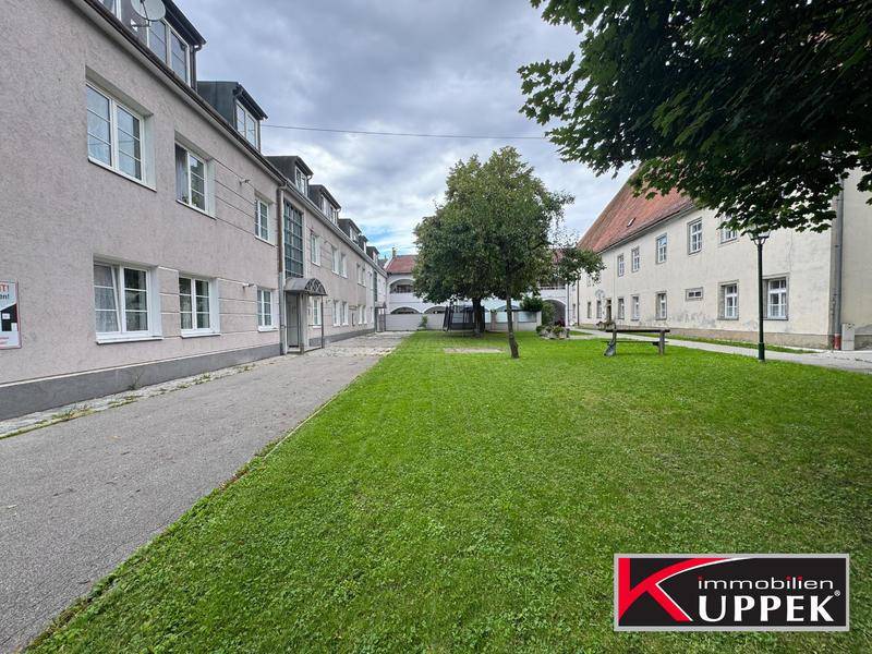 Langer, gepflegter Innenhof mit Rasenflächen und Bäumen zwischen den Gebäuden.