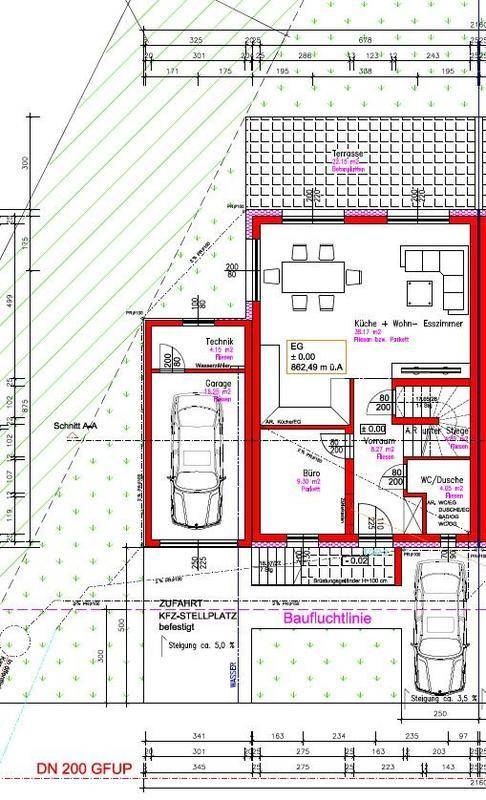 Grundriss des Erdgeschosses mit offenem Wohn-Essbereich, Büro und Garage.