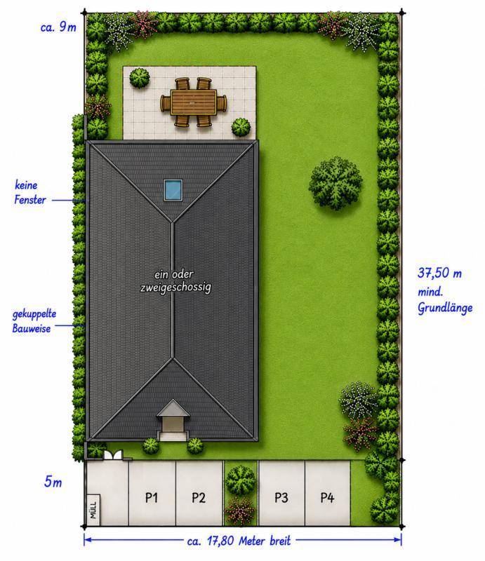 Detaillierter Lageplan eines Hauses mit Garten, Terrasse und vier Parkplätzen.
