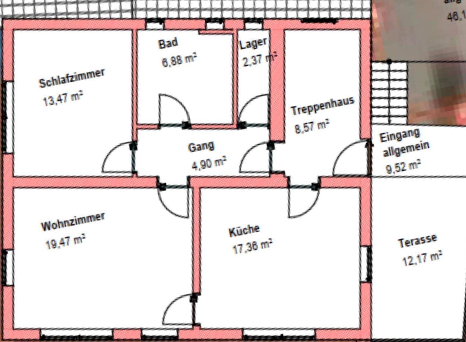 Grundriss des Erdgeschosses mit Wohnzimmer, Küche, Schlafzimmer, Bad und Terrasse.