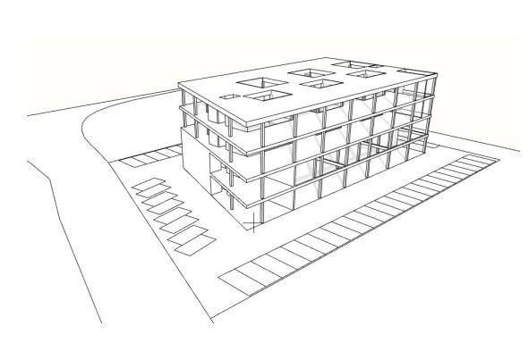 Architektonische Skizze eines modernen Gebäudes mit mehreren Etagen und Parkflächen.