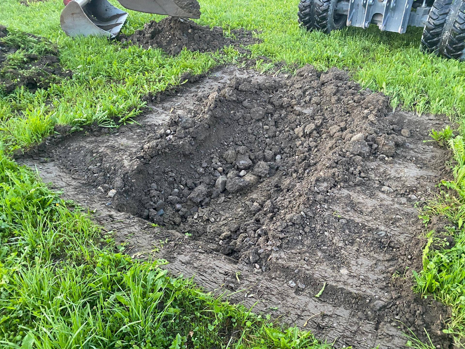 Ein Bagger gräbt ein Loch in einer grünen Wiese, wobei Erde und Steine sichtbar werden.