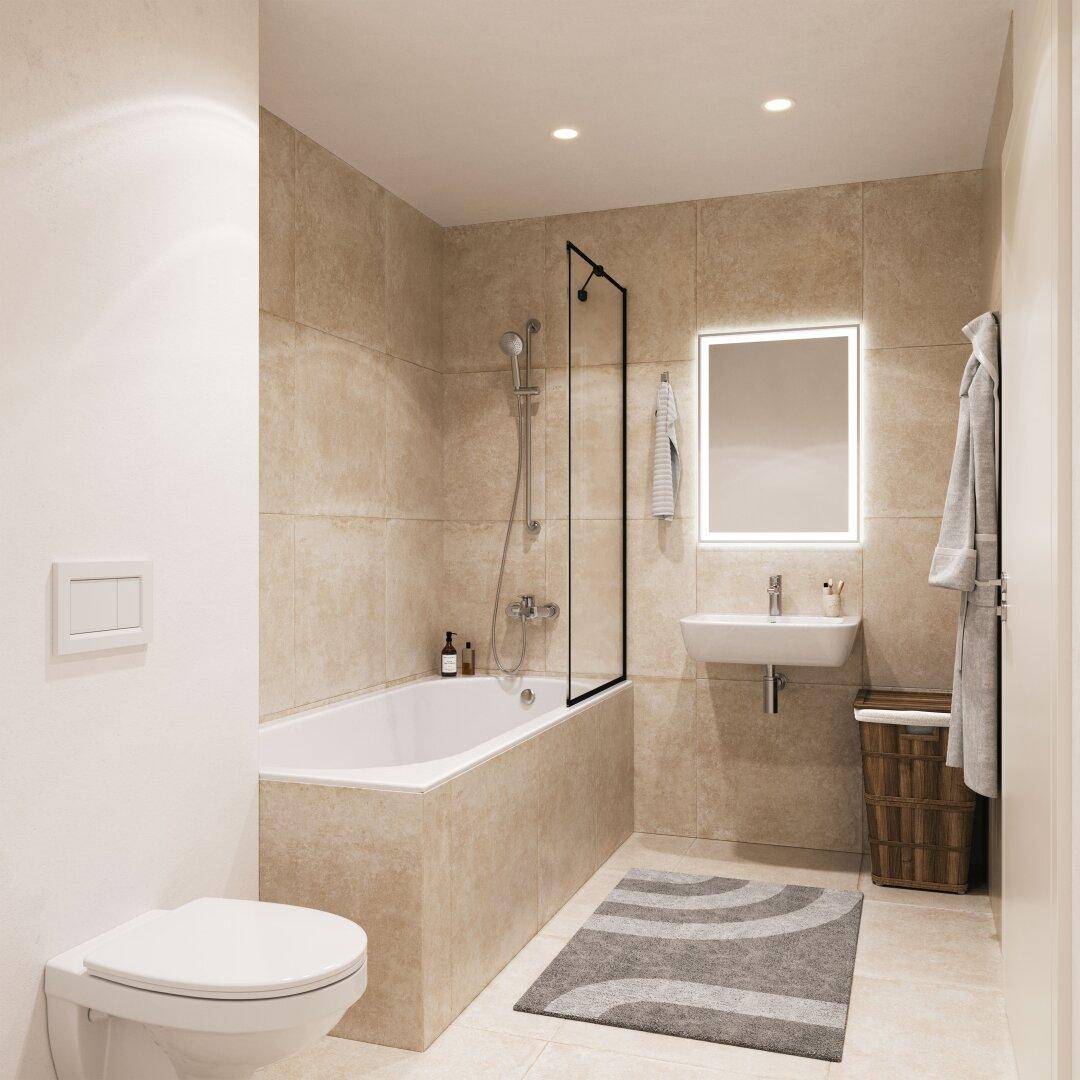 Modernes Badezimmer mit Badewanne, Duschabtrennung, wandhängendem WC und beigefarbenen Fliesen.