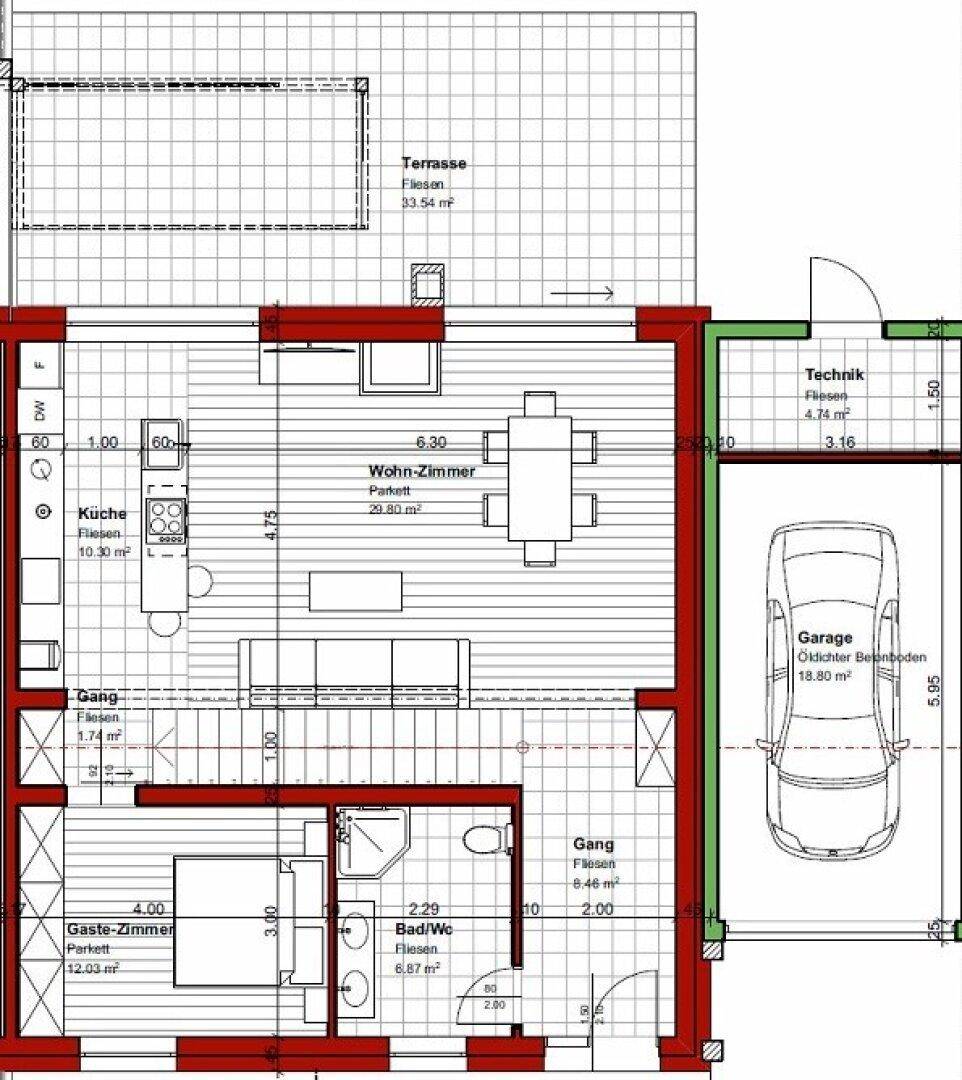 Grundriss des Erdgeschosses mit offener Küche, Wohnzimmer, Gästezimmer und Garage.