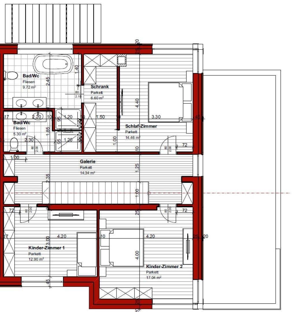 Grundriss des Obergeschosses mit Schlafzimmern, Bädern und Galeriebereich.