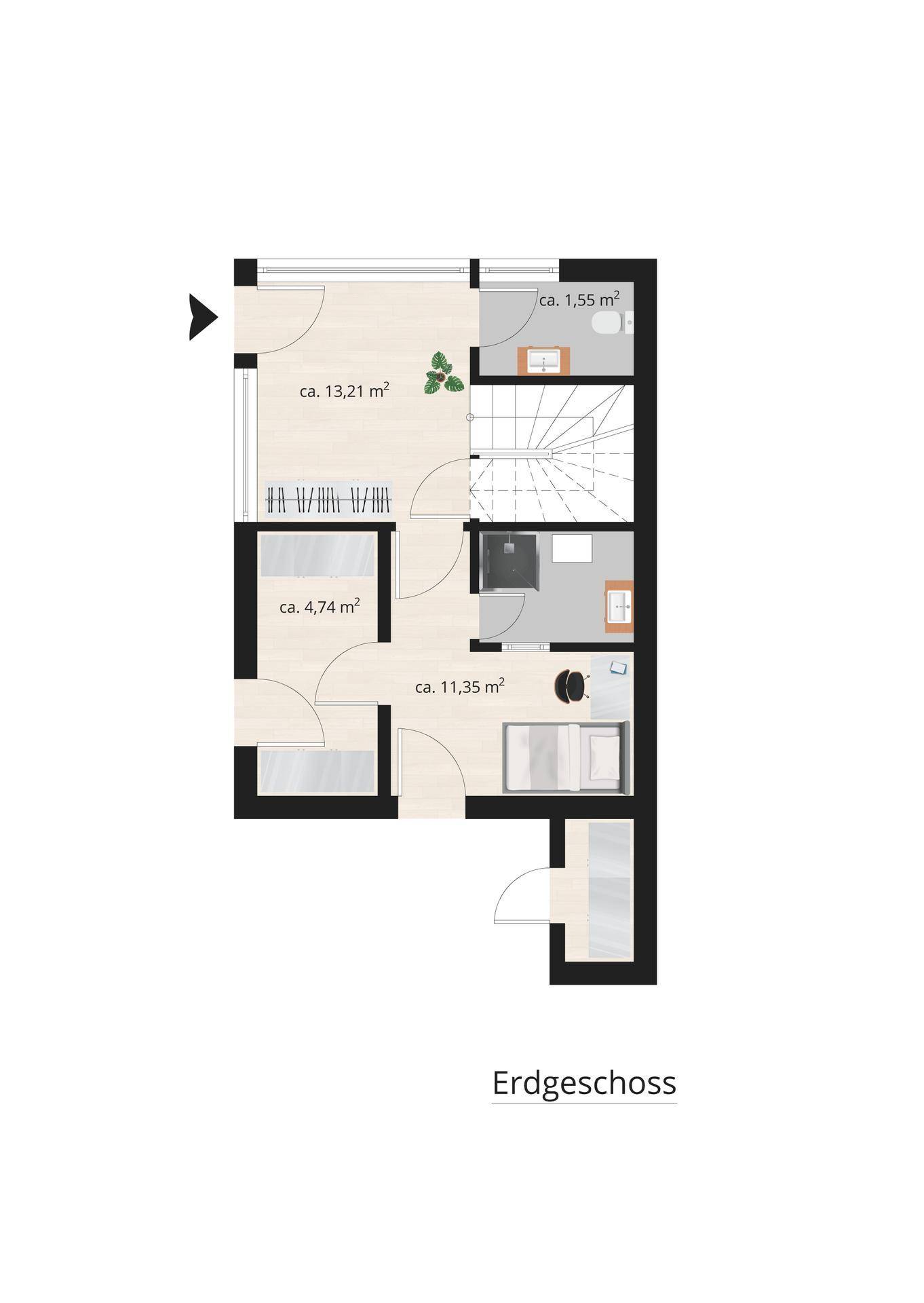 Grundriss des Erdgeschosses mit Eingangsbereich, Treppe und WC.