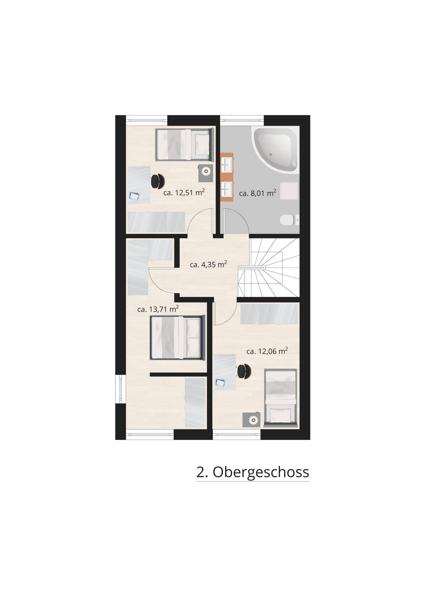 Grundriss des zweiten Obergeschosses mit Schlafzimmern und Badezimmer.