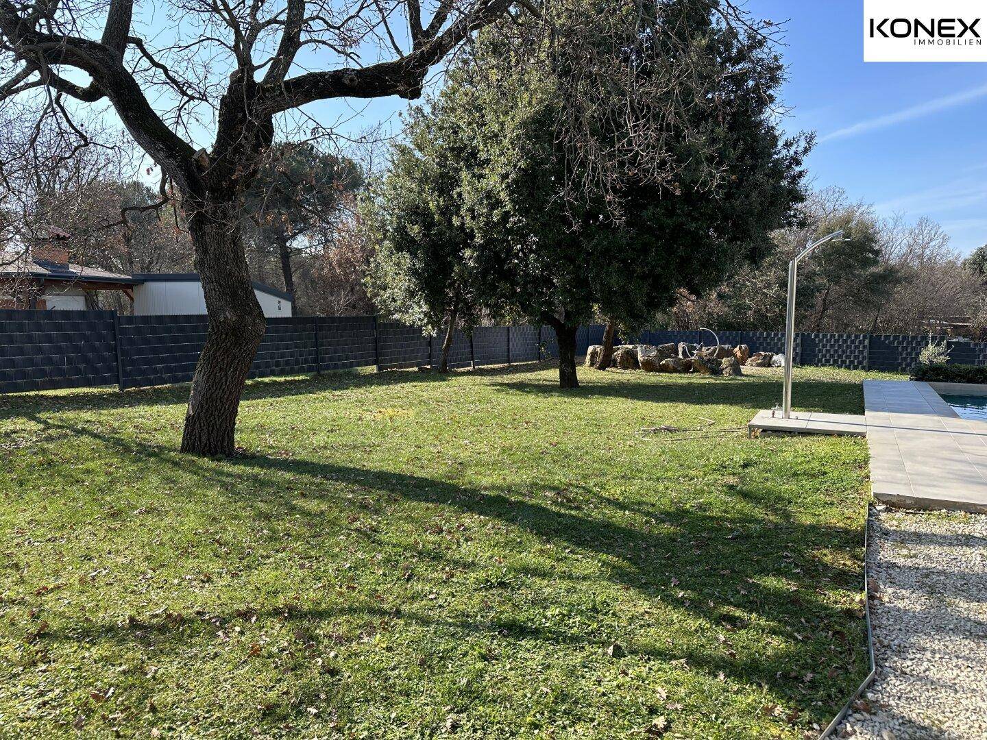 Großer Gartenbereich mit altem Baum, Rasenfläche und umzäuntem Grundstück.