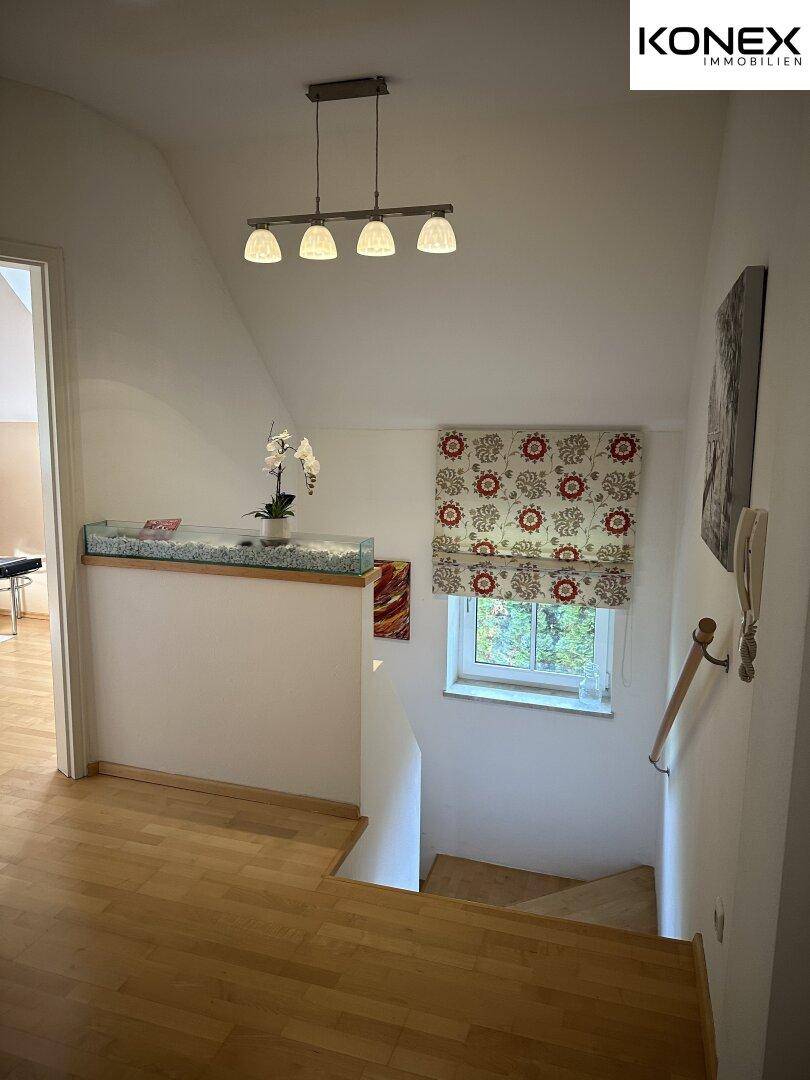 Treppenabsatz mit Fenster, dekorativem Aquarium und Blick in den Wohnbereich.