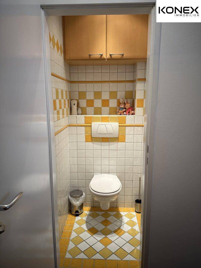 Separate Gästetoilette mit farbigen Fliesen, Wand-WC und kleinem Hängeschrank.