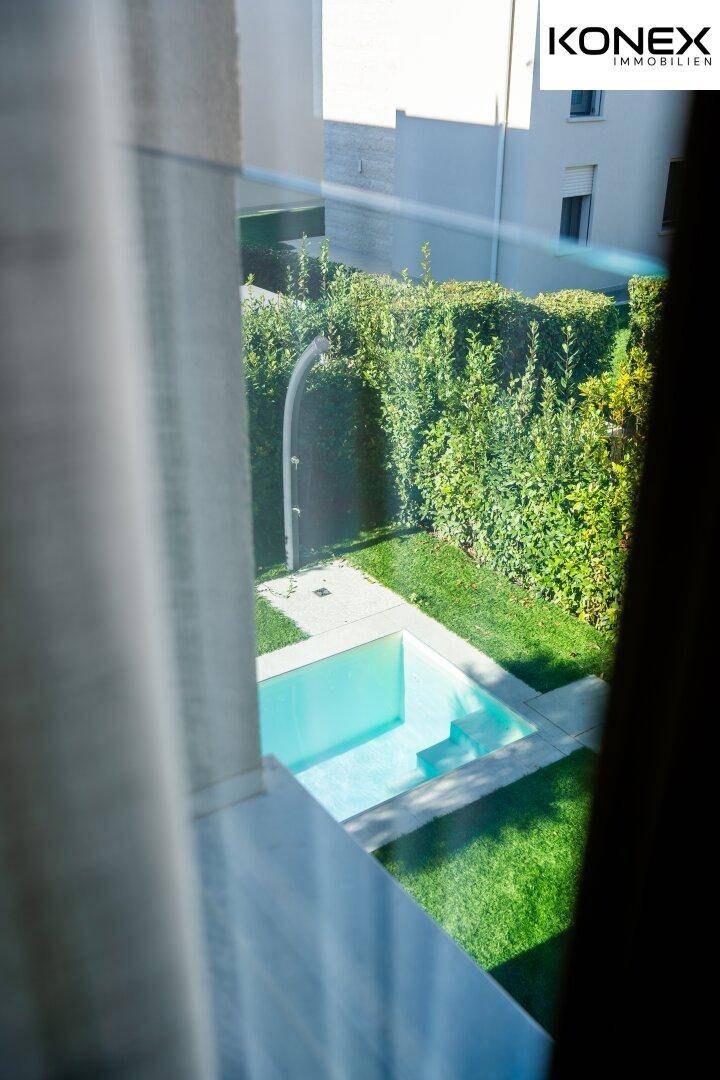 Blick auf den kleinen Pool und den grünen Garten durch ein Fenster.