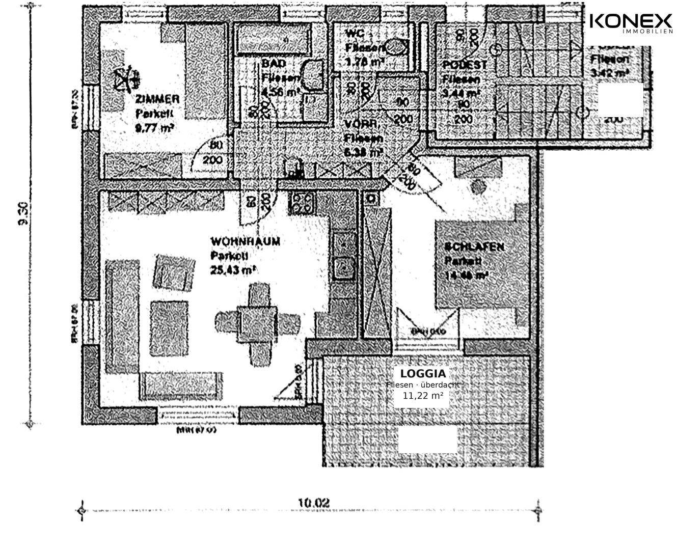 Grundriss einer Wohnung mit Wohnraum, Schlafzimmer, Bad, WC und Loggia.