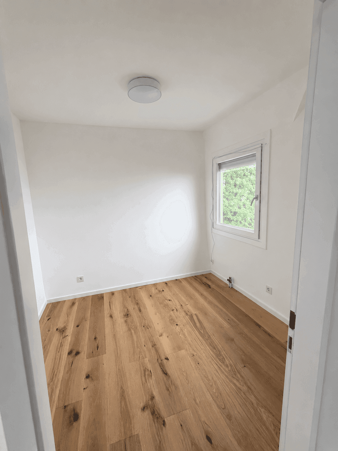 Leeres Zimmer mit hellem Holzboden, weißen Wänden und Blick ins Grüne.