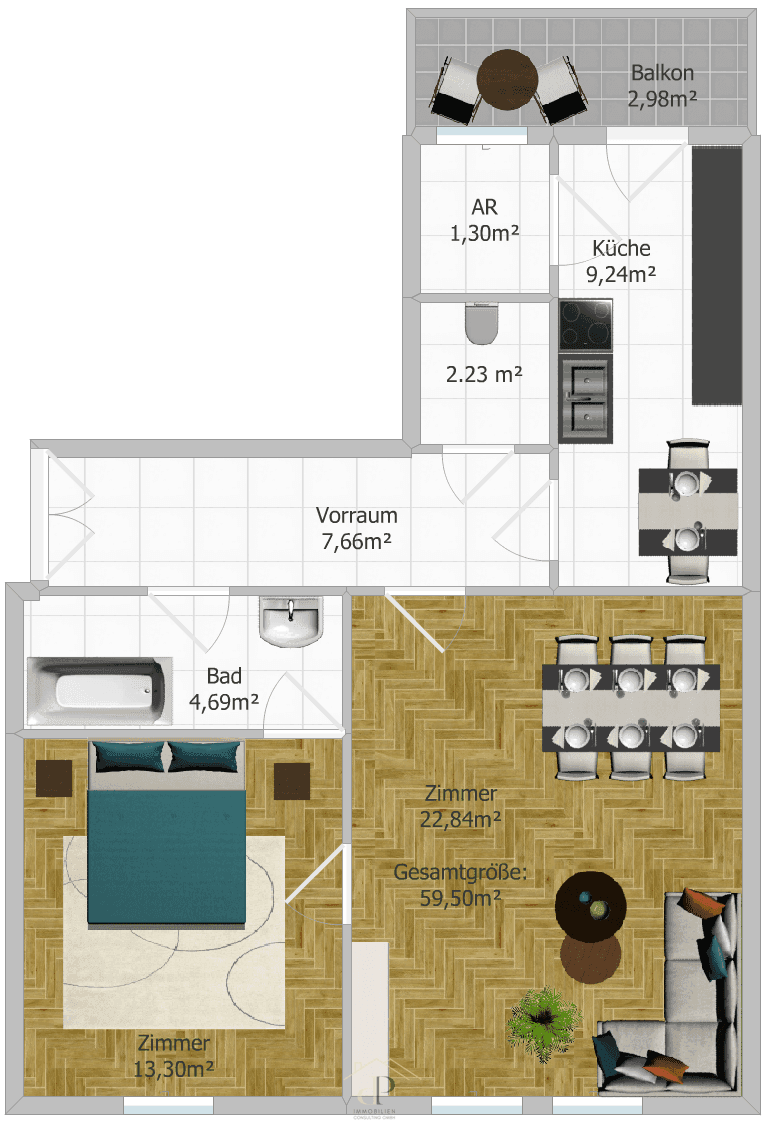 Detaillierter Grundriss einer Wohnung mit zwei Zimmern, Bad, Küche und Balkon.