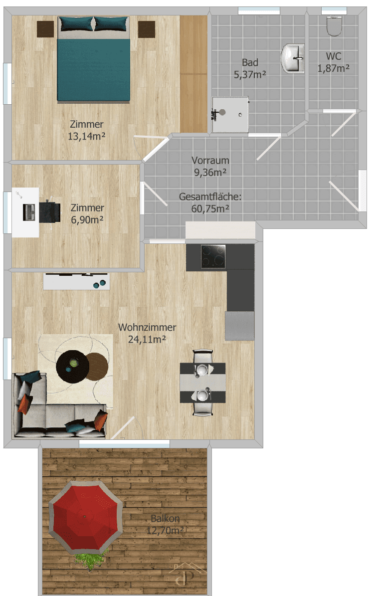 Detaillierter Grundriss einer Wohnung mit Schlafzimmer, Wohnzimmer und Balkon.