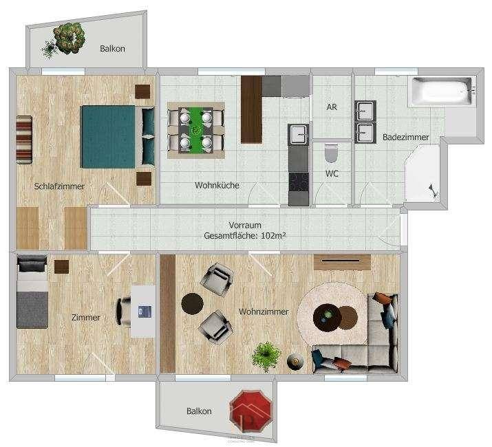 Grundriss einer Wohnung mit zwei Balkonen, Wohnküche und separatem Wohnzimmer.
