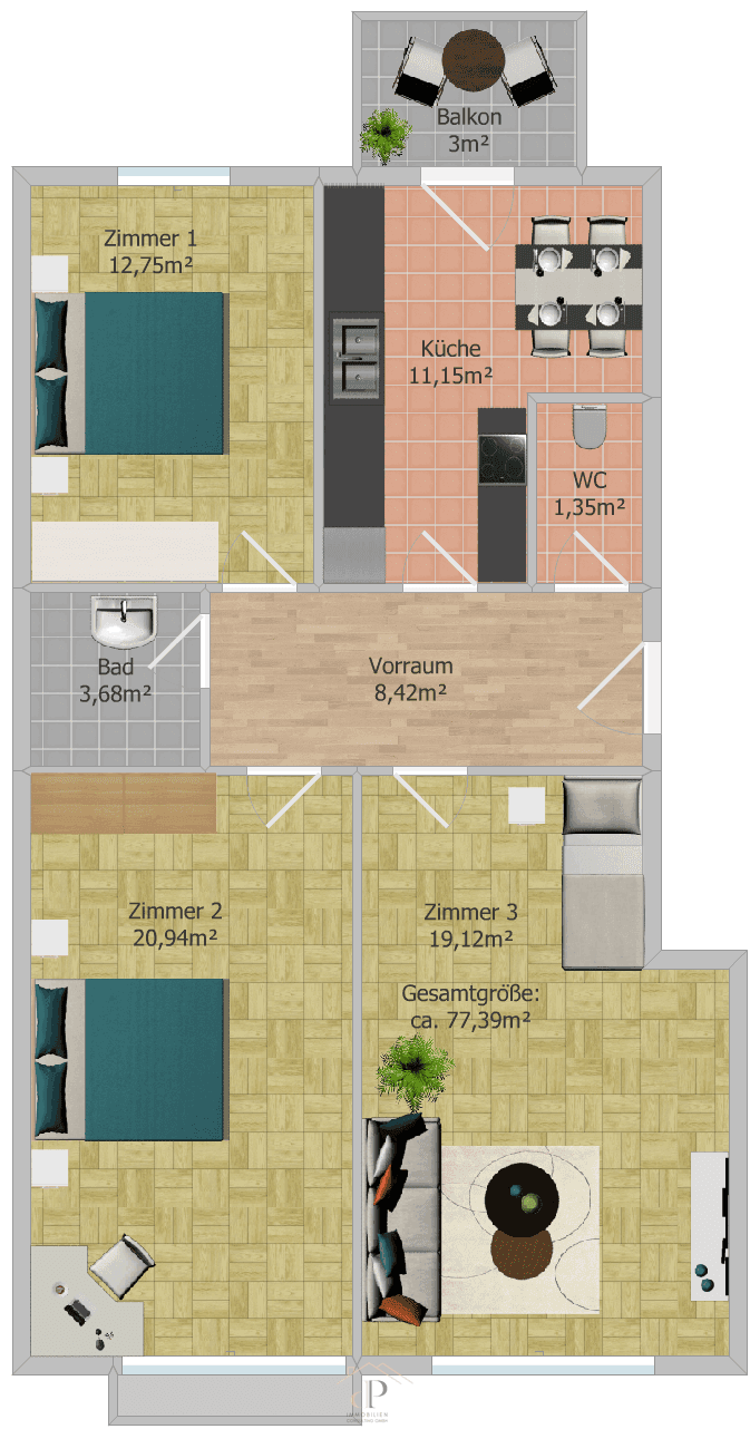 Detaillierter Grundriss einer Wohnung mit drei Zimmern, Küche, Bad und Balkon.