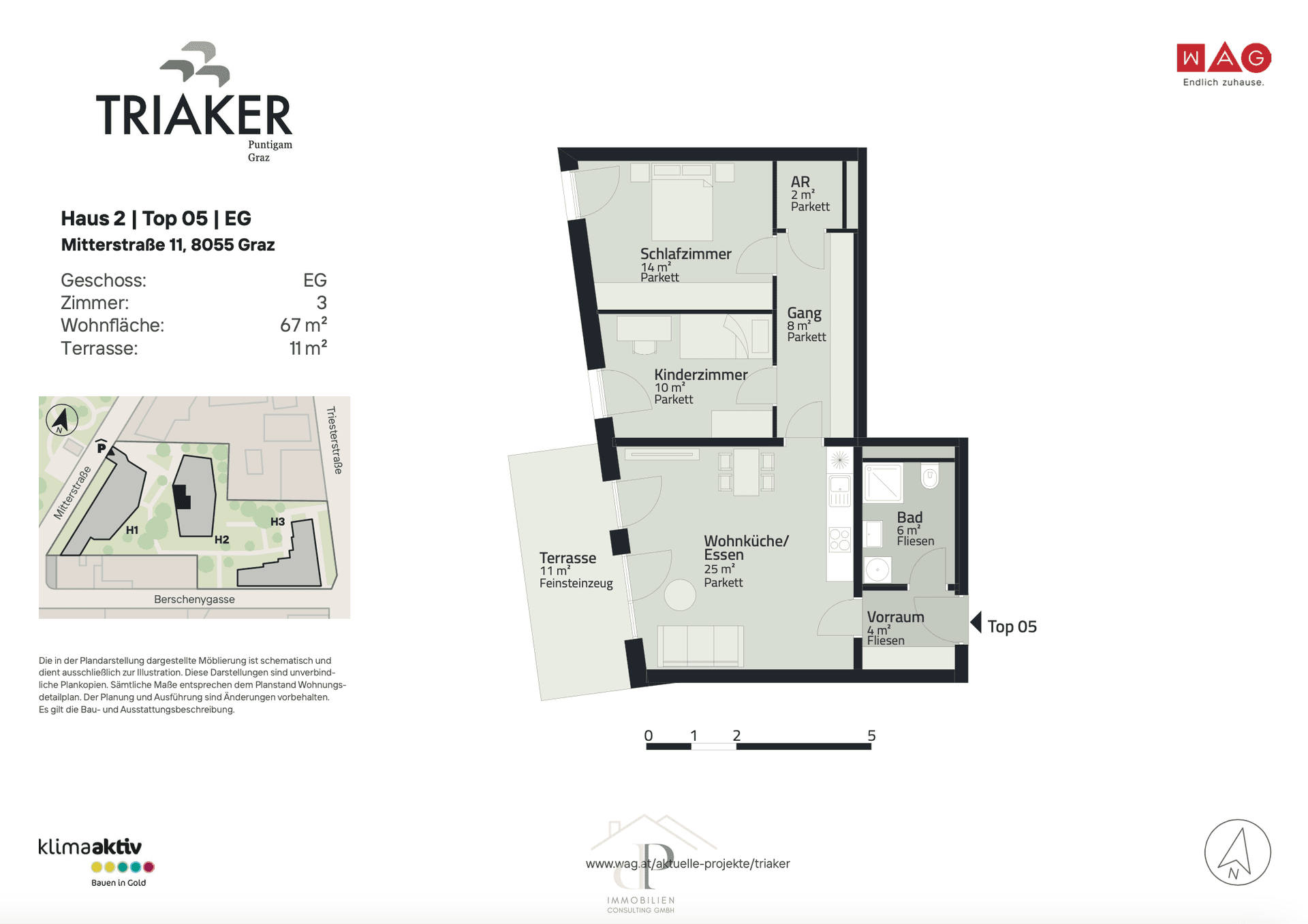 Grundriss der Wohnung Top 05 mit Terrasse, offenem Wohnbereich und Abstellraum.