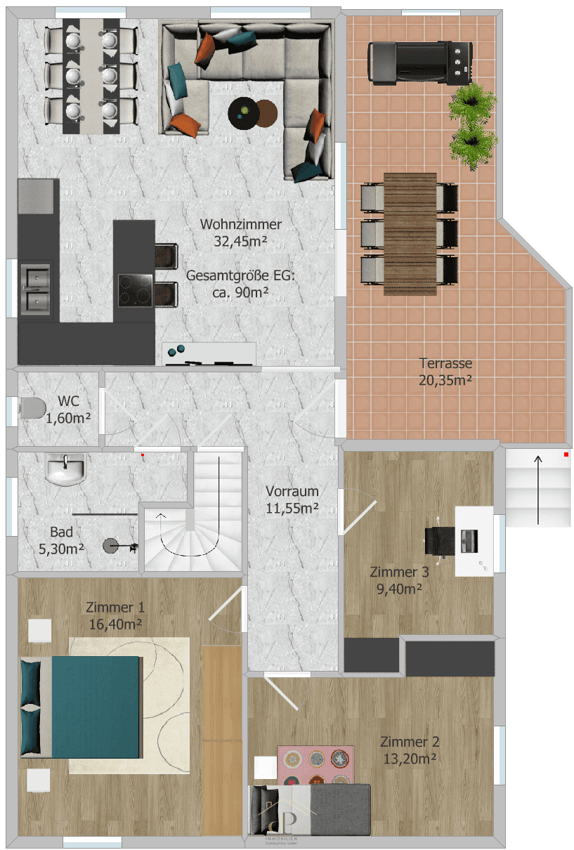 Grundriss des Erdgeschosses mit offenem Wohnbereich, Küche, Schlafzimmern und großer Terrasse.