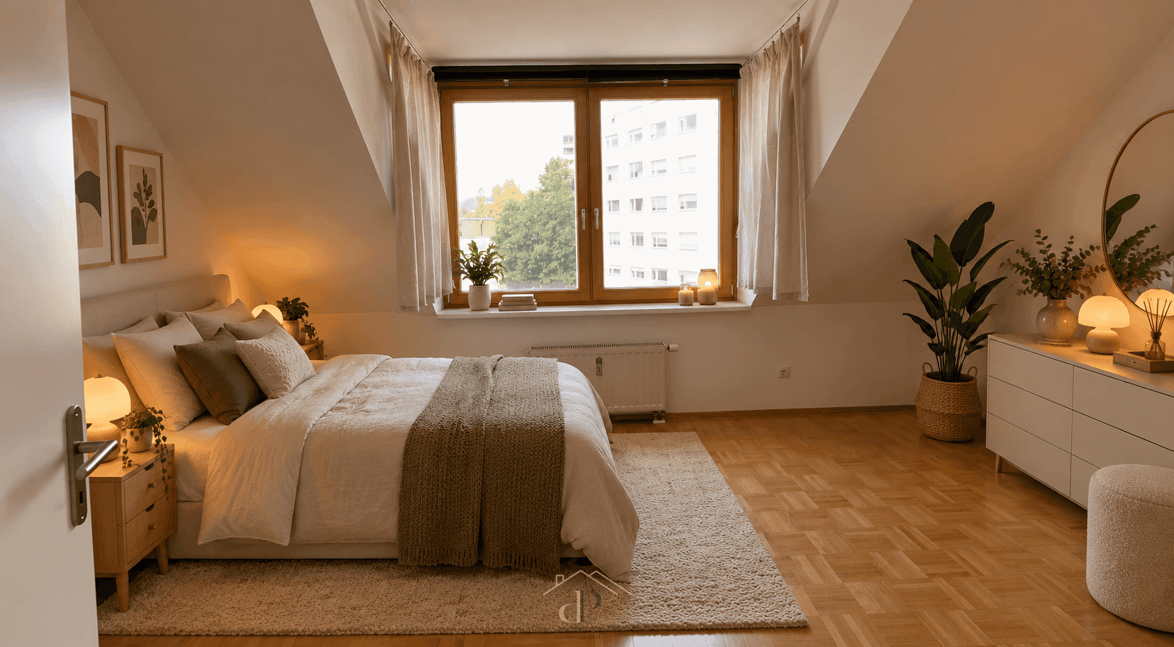 Gemütliches Schlafzimmer im Dachgeschoss mit großem Fenster, Holzboden und moderner Dekoration.