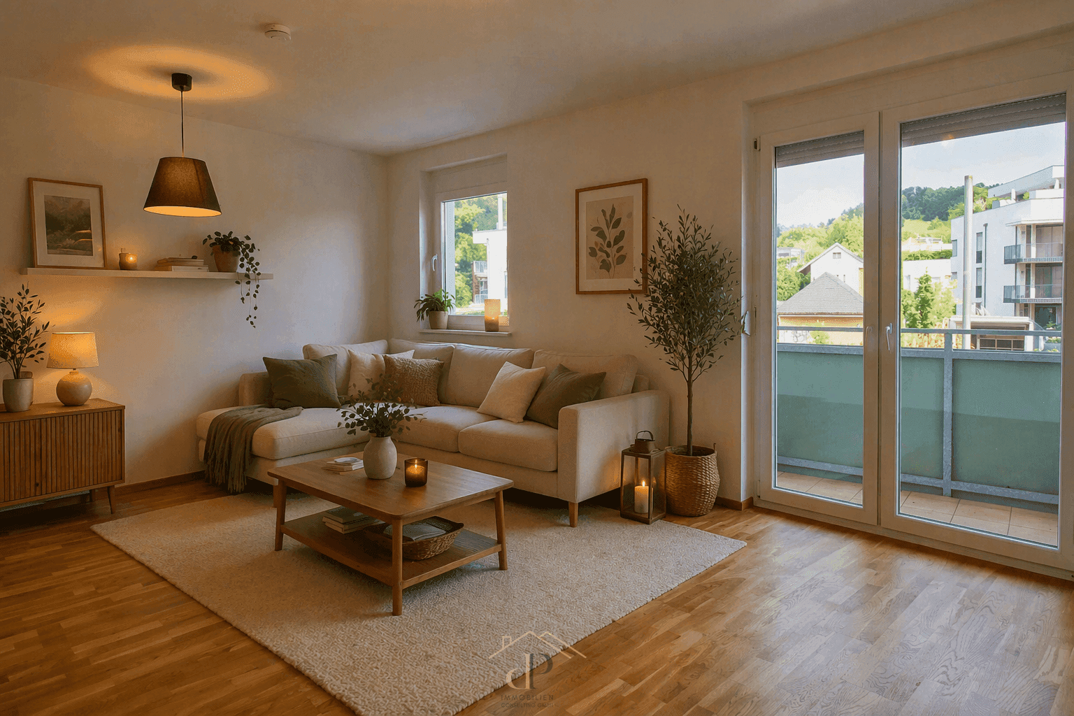 Gemütliches Wohnzimmer mit hellem Sofa, Holzboden und Zugang zu einem Balkon.