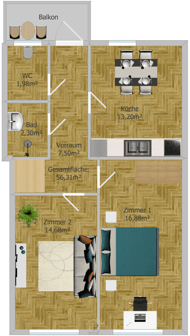 Detaillierter Grundriss einer Wohnung mit zwei Zimmern, Küche, Bad und Balkon.