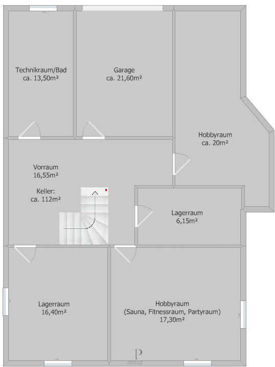 Grundriss des Kellergeschosses mit Technikraum, Garage, Lager- und Hobbyräumen inklusive Sauna.
