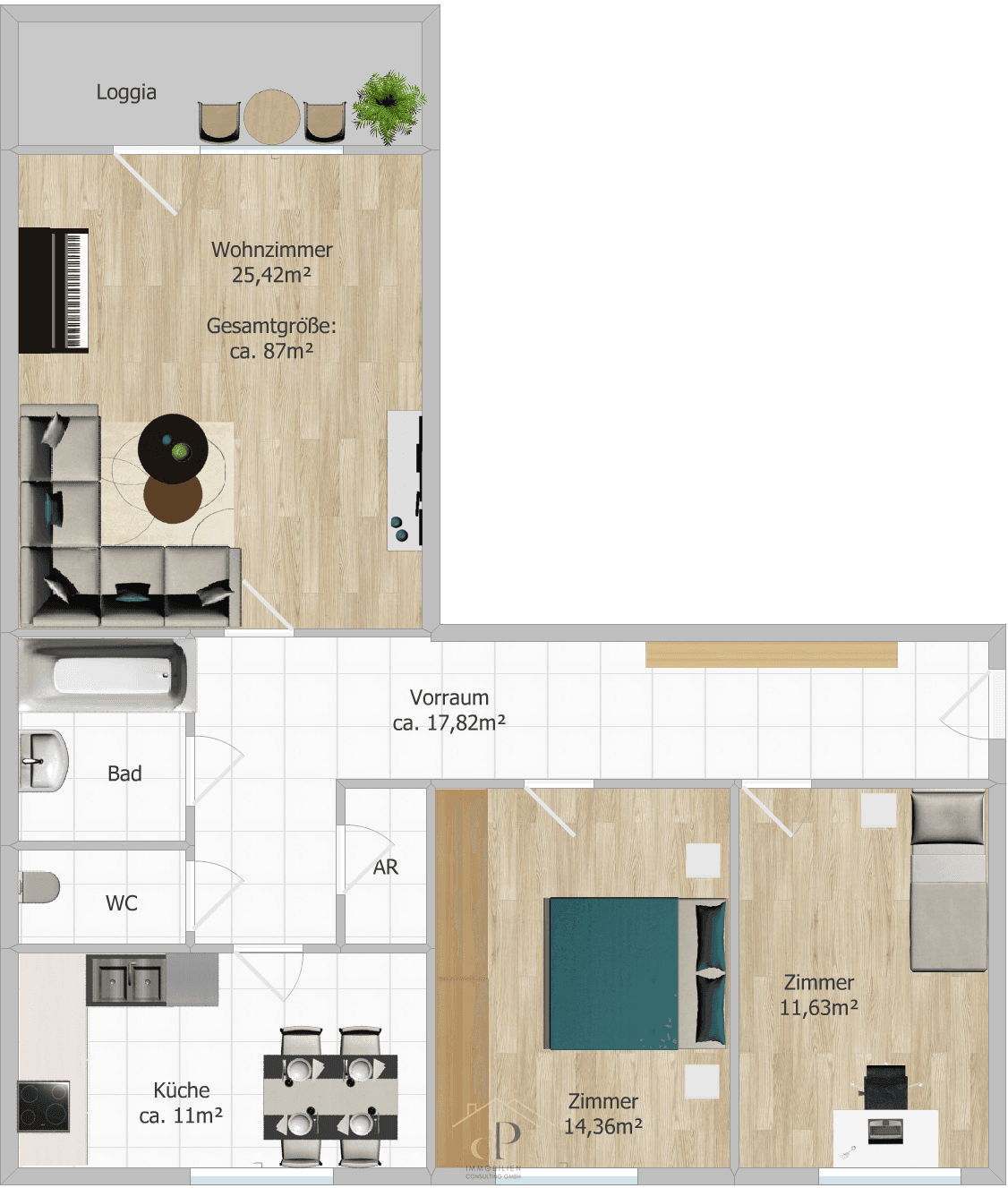 Grundriss einer Wohnung mit Wohnzimmer, Loggia, Küche, Bad und zwei weiteren Zimmern.
