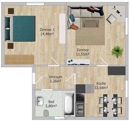 Detaillierter Grundriss einer Wohnung mit Schlafzimmer, Wohnzimmer, Küche und Bad.