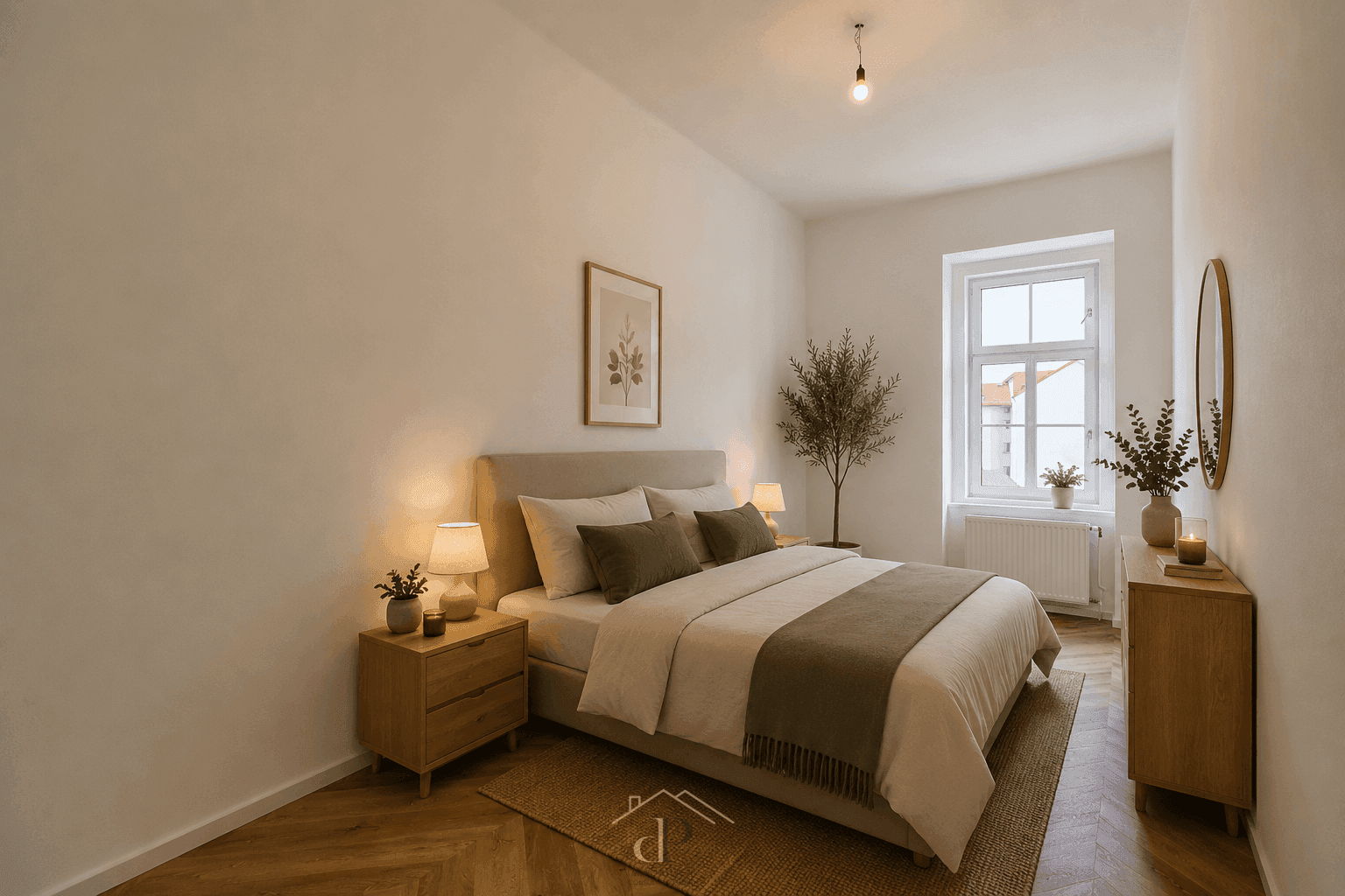 Gemütliches Schlafzimmer mit modernem Bett, Holzmöbeln und hellem Fischgrätparkett.