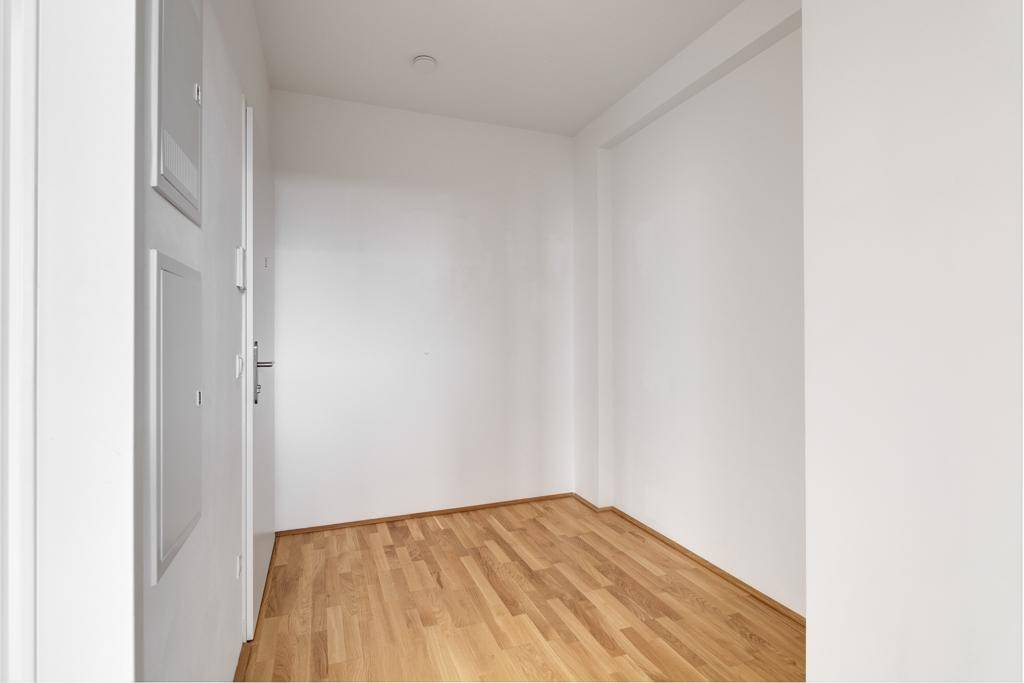 Eingangsbereich mit Holzboden und weißen Wänden, bietet einen klaren und hellen Empfang.