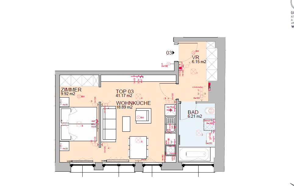 Grundriss der Wohnung mit Wohnküche, Zimmer, Bad und Vorraum, inklusive Flächenangaben.
