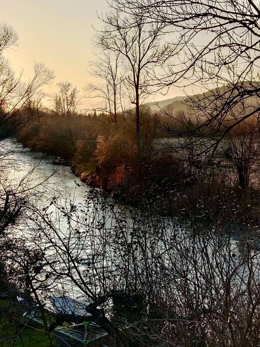 Malerischer Flusslauf bei Sonnenuntergang, umgeben von kahlen Bäumen und sanften Hügeln.