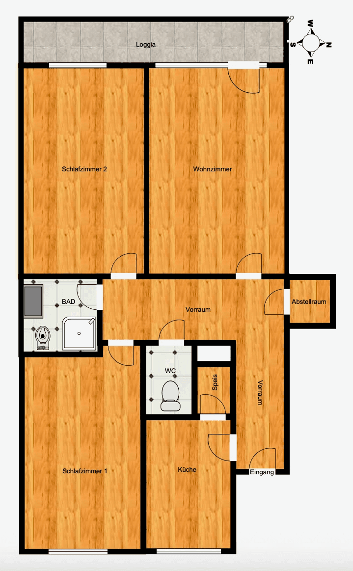 Grundriss der Wohnung mit zwei Schlafzimmern, Wohnzimmer, Küche und Loggia.