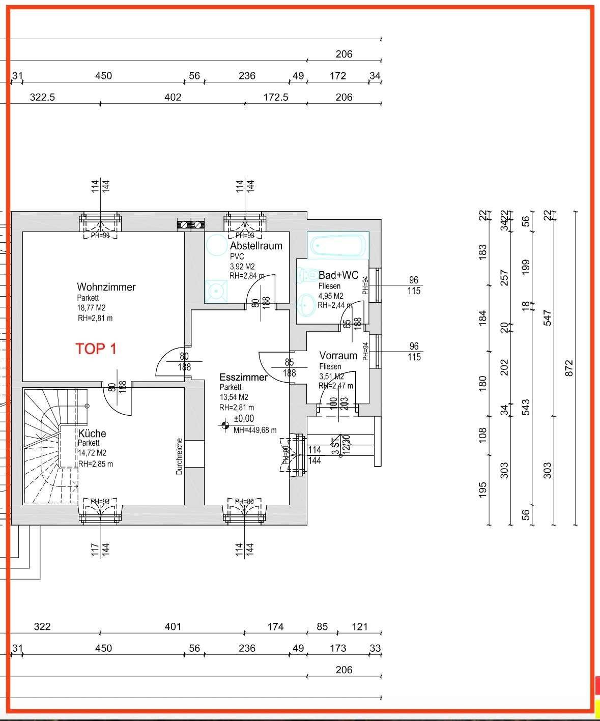 Grundriss von TOP 1 mit Wohnzimmer, Esszimmer, Küche, Bad und Abstellraum, alle mit Parkettboden.
