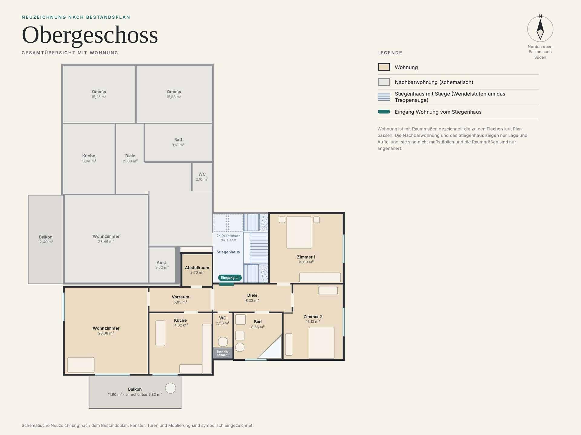 Grundriss des Obergeschosses mit mehreren Zimmern, Bad, WC und Balkonzugang.
